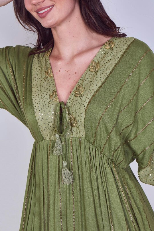 Boho Sequin leaf Embroidered Maxi Dress