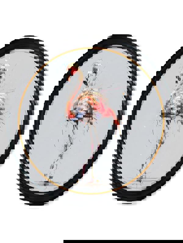 Exceptional Art Pink Flamingo Cosy Sketch - Oxford Round Frame