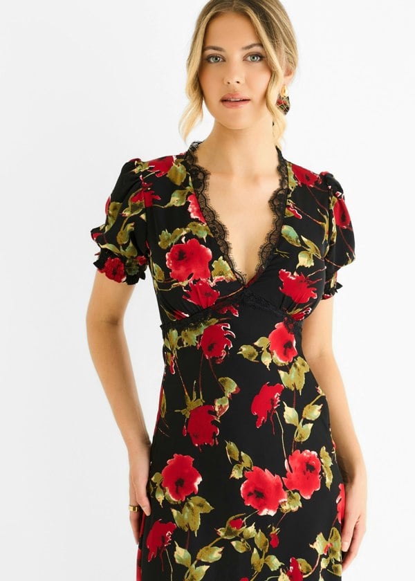 Gini London Black Floral Lace Trim Detail Midi Dress