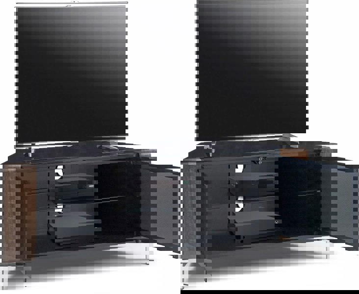 MDA Designs CORVUS Corner-Friendly Gloss Black Contemporary Cabinet with Walnut Profiles Black BeamThru Glass Doors for Flat Screen TVs up to 50"