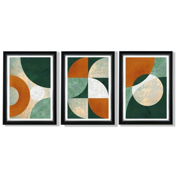 Geometric Set of 3 Green and Orange Framed Art Prints with Vermeer Black and Silver Frames