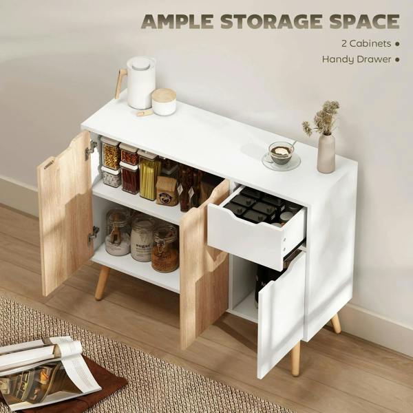 Sideboard cabinet with open storage shelves and a drawer, natural wood and white