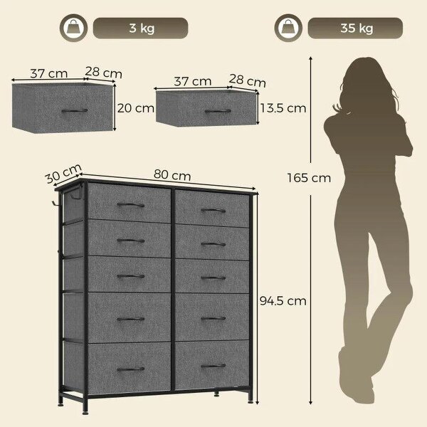 Chest of Drawers, Dresser with 10 Fabric Drawers, Tall Storage Unit with 4 Pockets and 2 Hooks Steel Frame, Grey