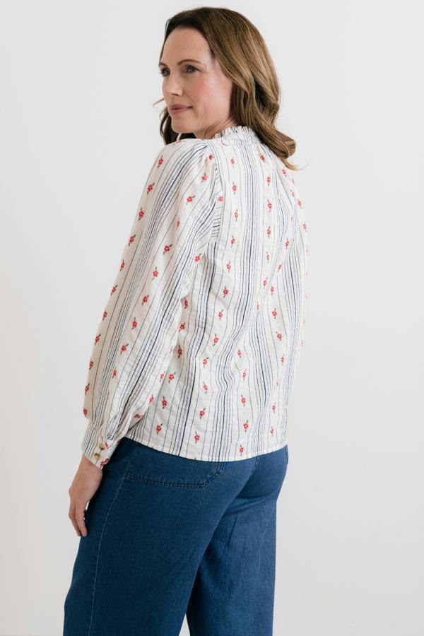 Lily & Me Flora Embroidered Stripe Blouse Ecru