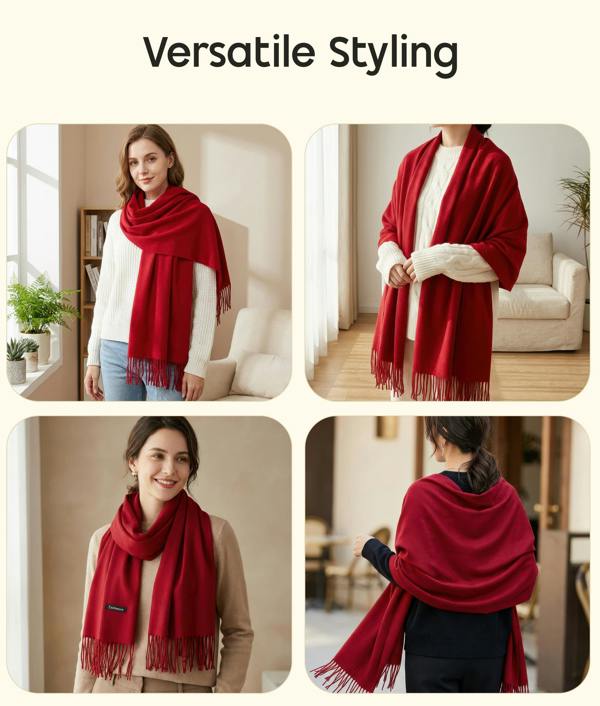VIA MONTEN Women’s Oversized Winter Scarf Wrap with Fringe, Soft Long Shawl for Cold Weather Styling