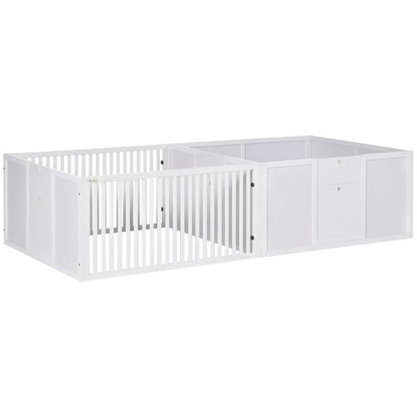 White 7-panel dog whelping playpen with slatted gates and two interior doors