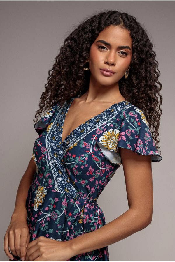 Floral Print Wrap Midi With Flutter Sleeves - Navy Print DR3440