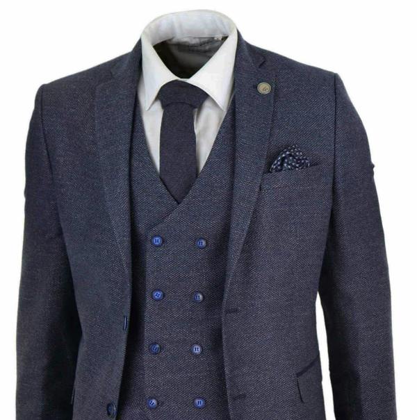 TruClothing Mens Blue Wool 3 Piece Suit Double Breasted Waistcoat Tweed Peaky Blinders 1920s