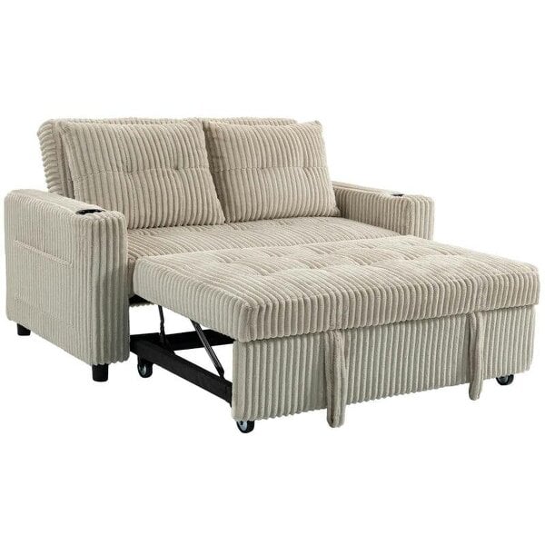Corduroy Click Clack Sleeper Sofa with Pull Out Design, 2 Seater Sofa Bed, Cream White
