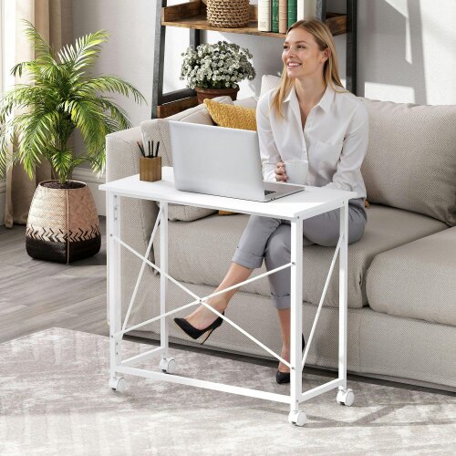 Wyld Haus Romira 80cm Metal White Folding Desk Lockable Wheels