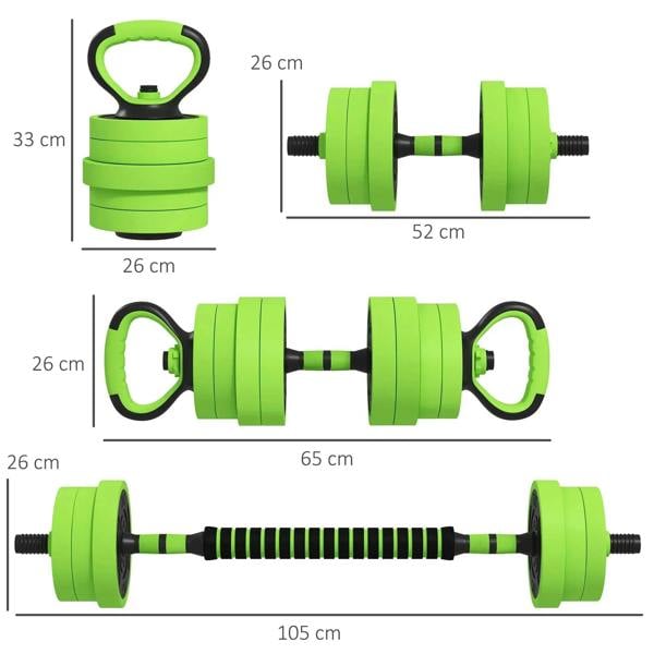 Green adjustable dumbbell set with stacked plates, ring grips, and straight bar