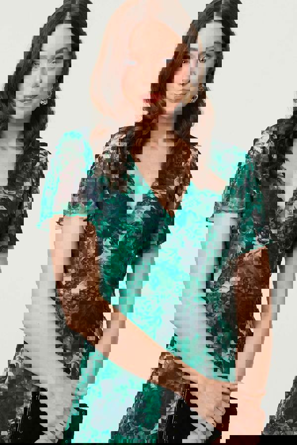 Green | Floral Semi Sheer Frilled Hem Maxi Dress