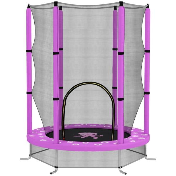 Purple 4.6ft toddler trampoline with gray safety net enclosure and purple padded frame