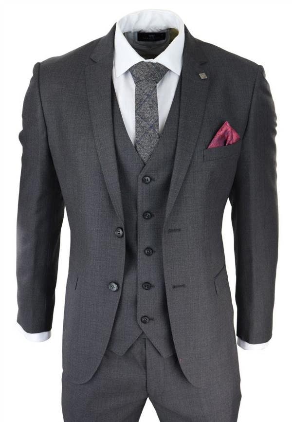 Paul Andrew Mens 3 Piece Charcoal Grey Classic Stitch Retro Suit