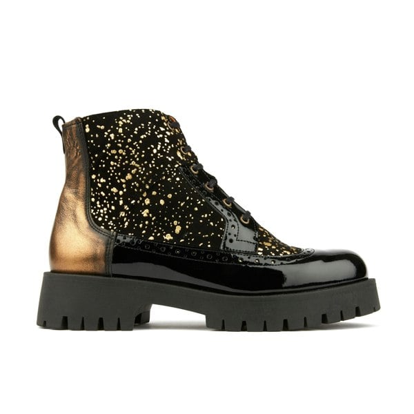 Embassy London Hatter Platform - Drops - Women's ankle boot in golden paint drops on black leather