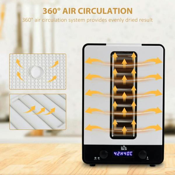White 11-tray food dehydrator with front window and air circulation airflow graphic
