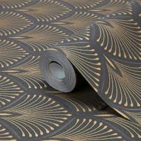 Grandeco Art Deco Echium Textured Wallpaper, Black Gold
