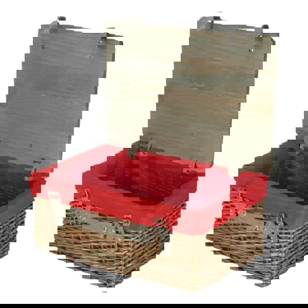 Antique Wash Red Lined Willow Picnic Basket with Pinewood Lid