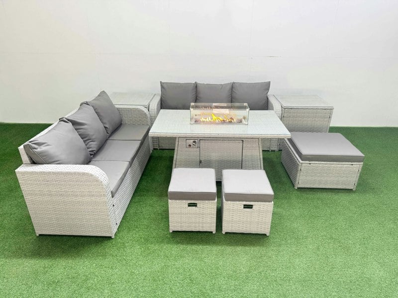 Fimous Outdoor Garden Furniture 9 Seater Rattan Sofa Set with Fire Pit Dining Table high Back Lounge Sofa 3 Stools 2 Side Table Light Grey