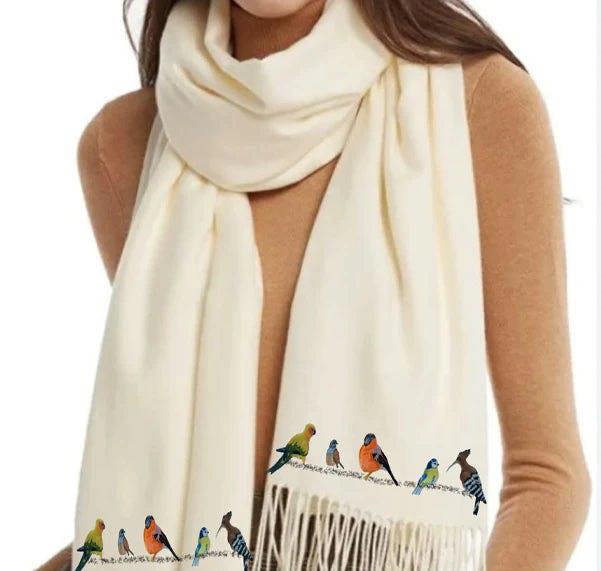 Art on Scarves Cashmere Feel Luxury Scarf Handprinted with Birds on a Wire