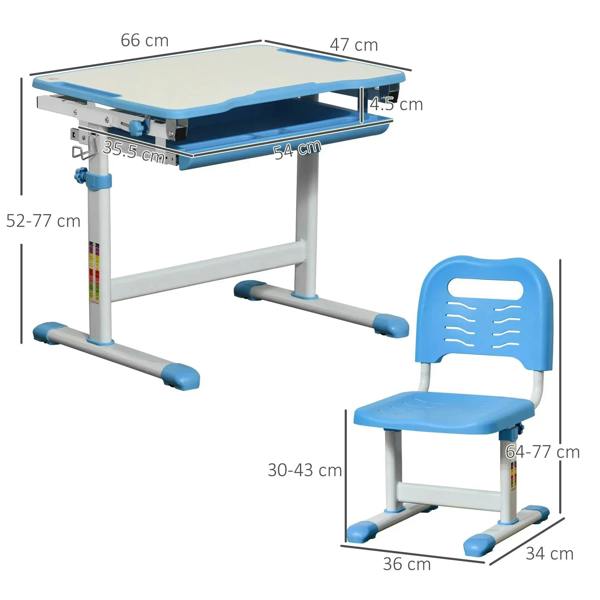 Dimension view of a blue kids adjustable desk with chair, footrest, and height range.