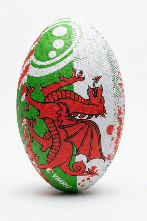 White, green and red Optimum Wales rugby ball with red Welsh dragon and CYMRU print, upright on white - Optimum