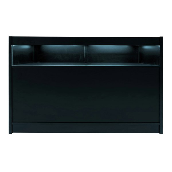 Sleek black Iris LED shop counter set with illuminated shelves, featuring a smooth finish and modern design for retail spaces