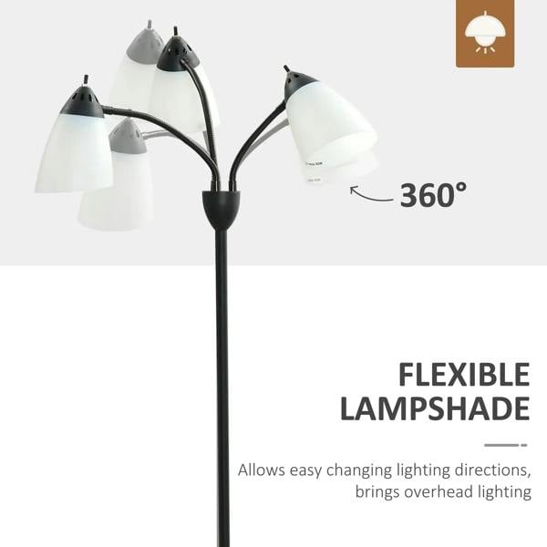 Black tree floor lamp with three flexible adjustable heads and white bell-shaped shades