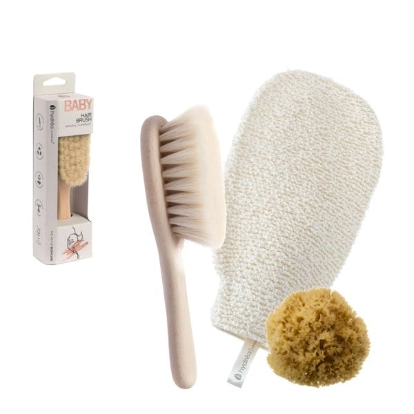 Hydréa London Baby Bliss Bed + Bath Newborn Gift Set - Baby Brush + Sea Sponge + Bamboo Wash Mitt