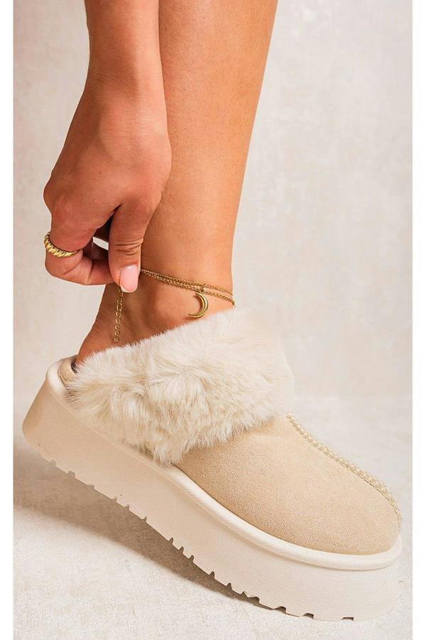 Kelly Faux Fur Trim Whisp Chunky Platform Slippers - Beige