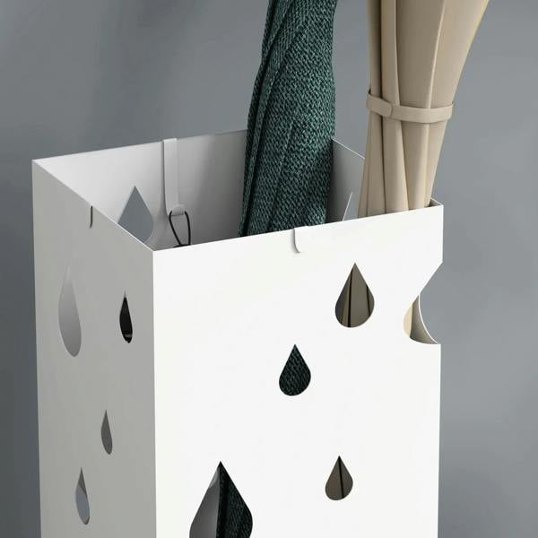 White umbrella stand panel with raindrop cutouts and umbrella graphic