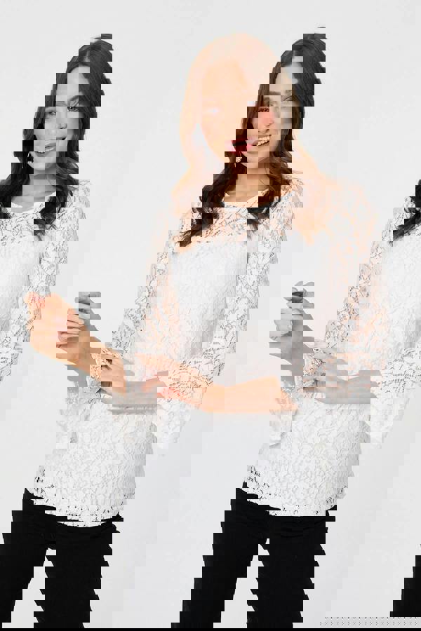 White | Semi Sheer Lace Layered 3/4 Sleeve Top