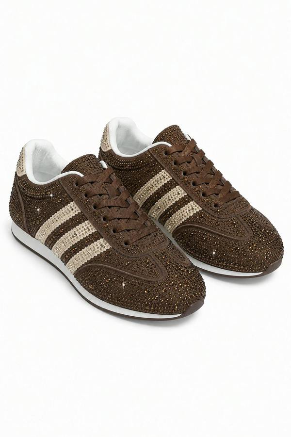 Love Lemonade Crystal Dewdrop Lace-Up Trainers Brown