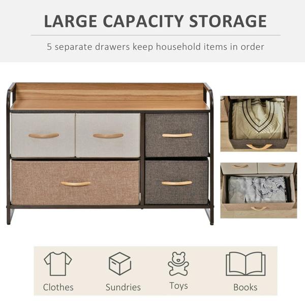 Wood-topped dresser with five linen fabric drawers; open side storage compartment