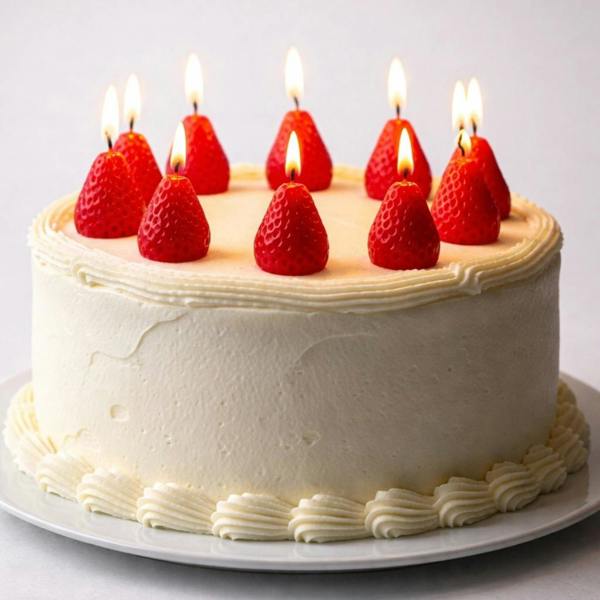 A round white frosted birthday cake decorated with ten lit, highly realistic red strawberry-shaped candles with small flames.