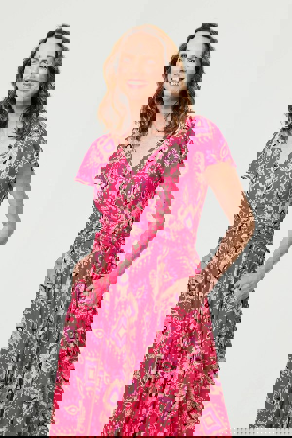 Pink | Printed Cap Sleeve Ruched Maxi Dress
