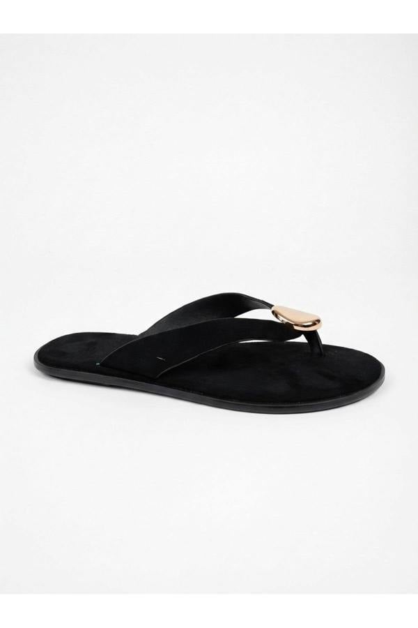 Thea Womens Gold Trim Thong Flat Sandals - Black