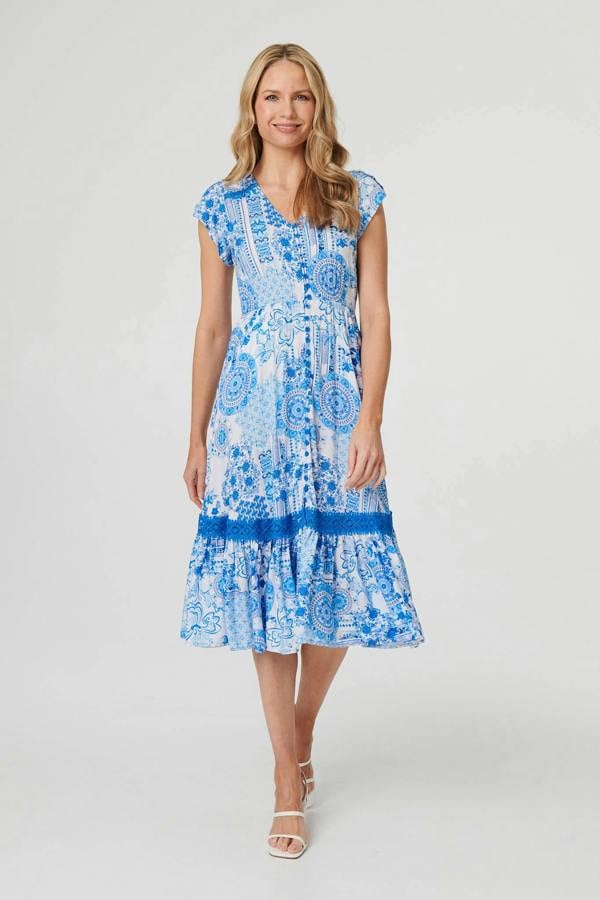 Blue | Abstract Printed Lace Trim Midi Dress