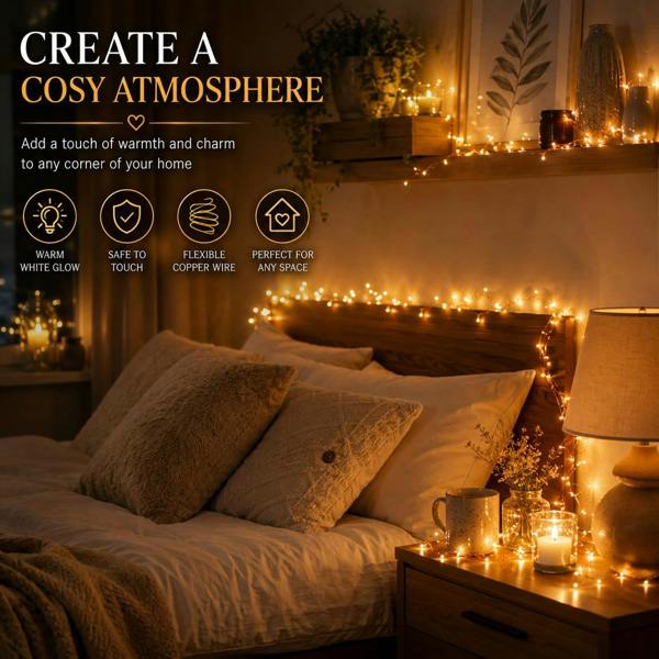2M Warm White LED Copper Wire Fairy Lights, 20 Micro Rice LEDs, Battery Operated Indoor String Lights image 9