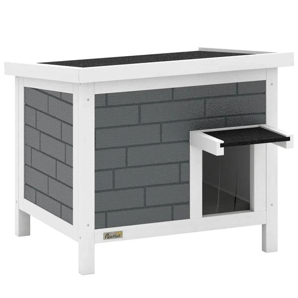 Grey insulated outdoor cat house with openable roof and front entrance, weatherproof shelter