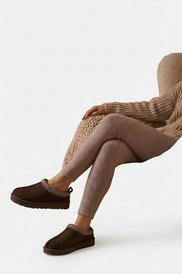 Ravina Chunky Slip On Suede Slippers With Stitch Detail - Brown_wb