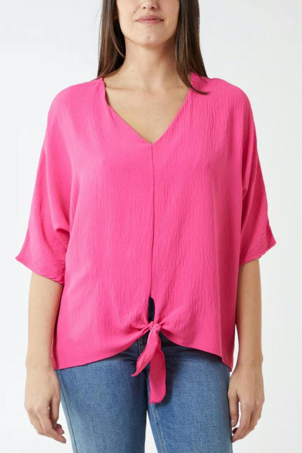 Hoxton Gal Oversized V Neck Tie Detailed Top with 3/4 Sleeves in Fuchsia