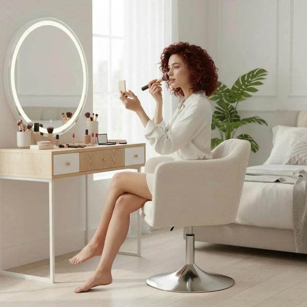 Cream white swivel armchair with height-adjustable metal base used in a bedroom setting