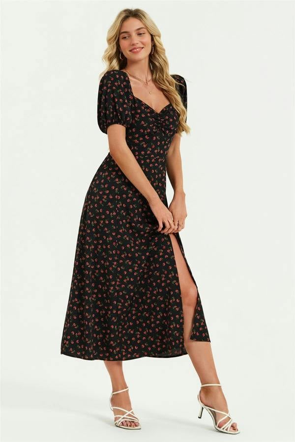 FS Collection Puff Sleeve Heart Neckline Midi Dress In Black