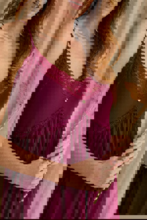 Women's Bamboo Lace Chemise Nightdress in Bordeaux with delicate lace trims and adjustable straps from Pretty You London