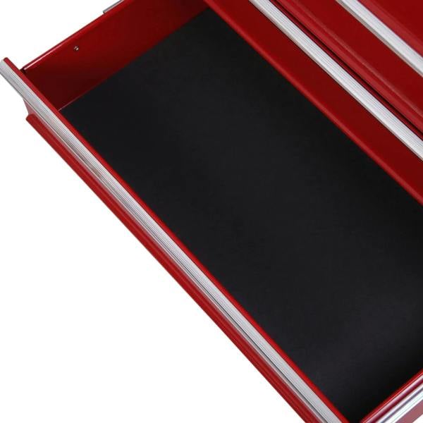 Red tool cabinet open drawer compartment with black protective base