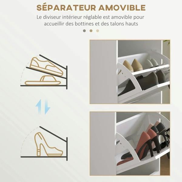 Movable interior divider in a white shoe cabinet to separate boots and high heels