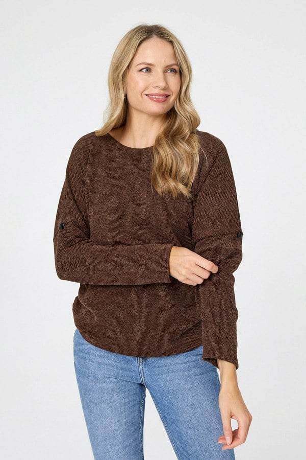 Brown | Metallic Textured Batwing Sleeve Jumper
