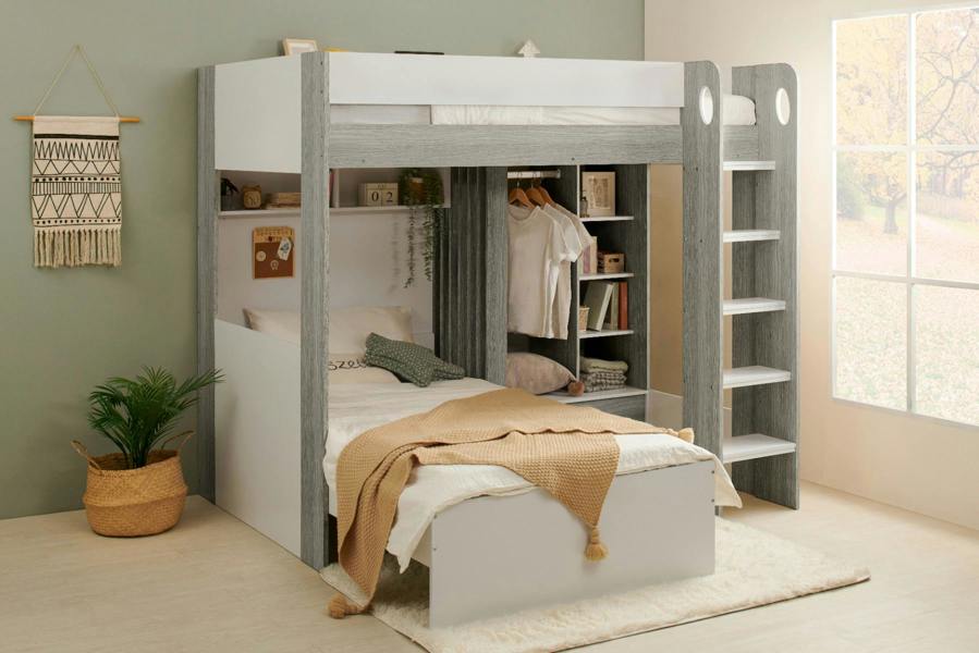Hampton L Shape Bunk Bed with Wardrobe White