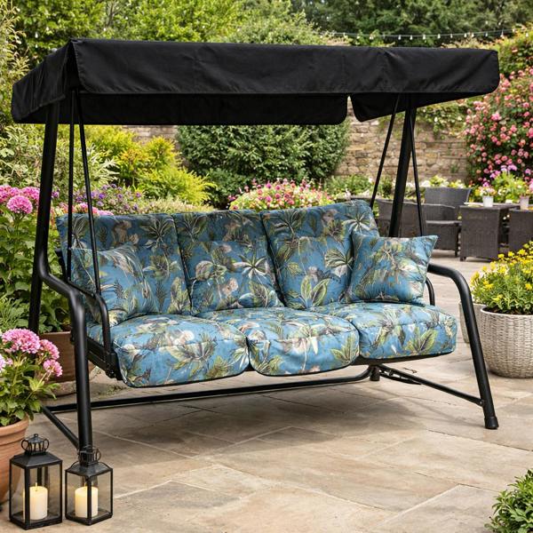 Vienna Deluxe 3 Seater Garden Hammock with Canopy - Free Standing Swing Seat 173cm (L) x 160cm (H) Tropical Blue The Garden Furniture Shop